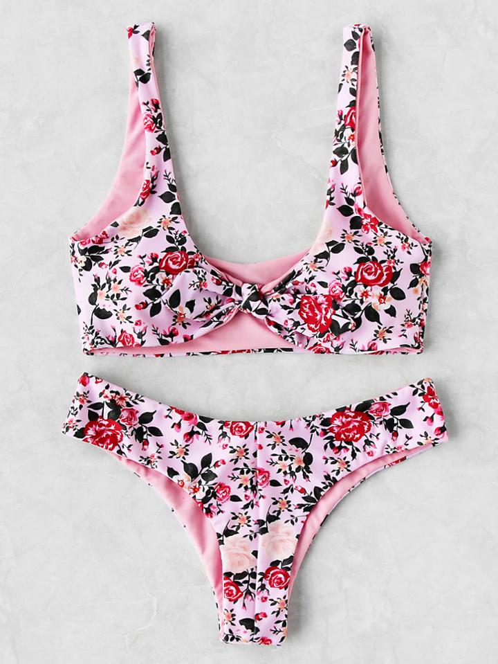 Romwe Calico Print Knot Design Reversible Bikini Set