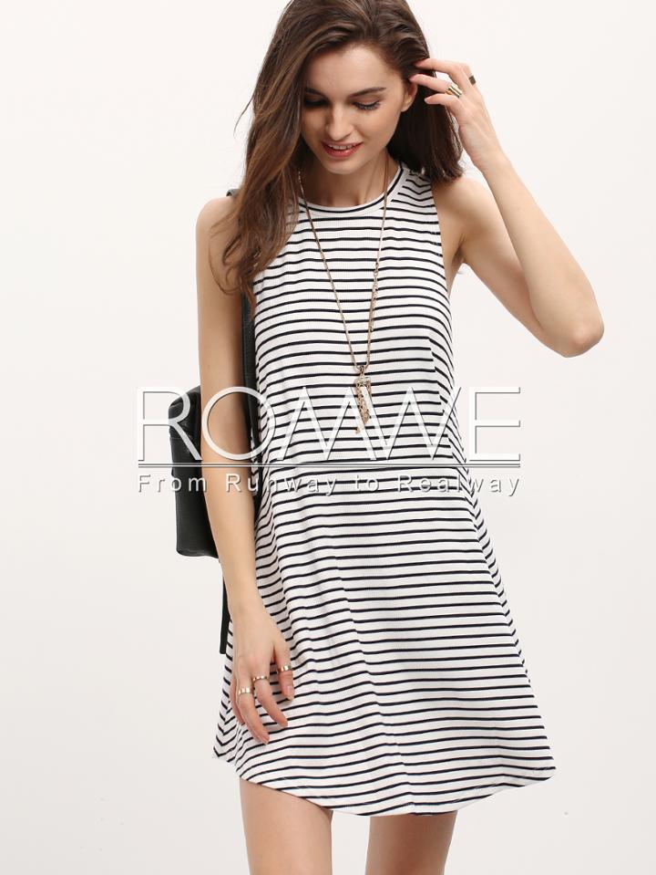 Romwe Royal Blue Round Neck Striped Asymmetric Casual Dress