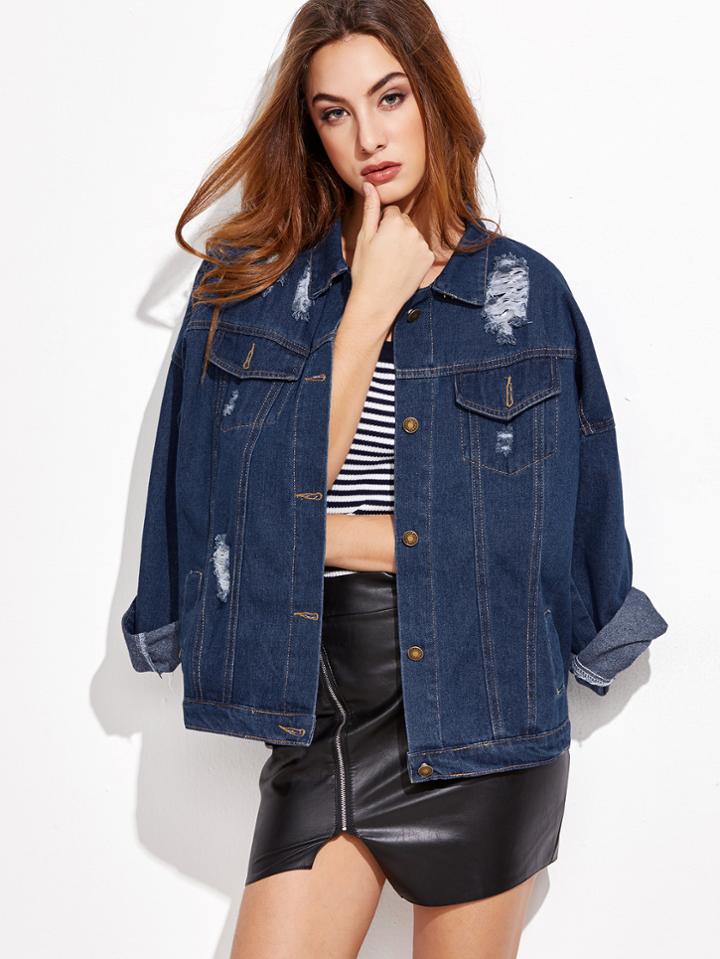 Romwe Blue Ripped Single Breasted Denim Jacket