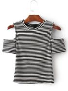 Romwe Black And White Cold Shoulder Striped T-shirt