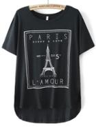 Romwe Eiffel Tower Print Dip Hem Black T-shirt
