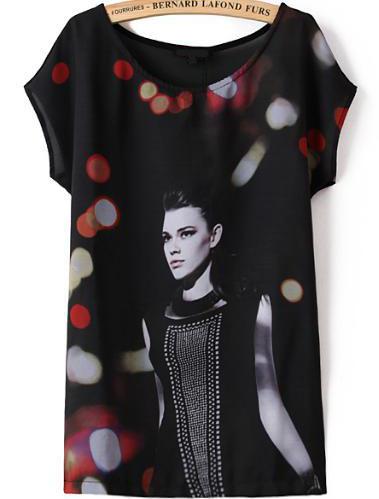 Romwe Bat Sleeve Beauty Print Chiffon T-shirt