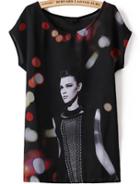Romwe Bat Sleeve Beauty Print Chiffon T-shirt