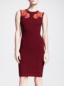 Romwe Wine Red Sleeveless Feather Floral Applique Sheath Dress