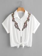 Romwe Embroidered Blossom Applique Tie Front Cuffed Blouse