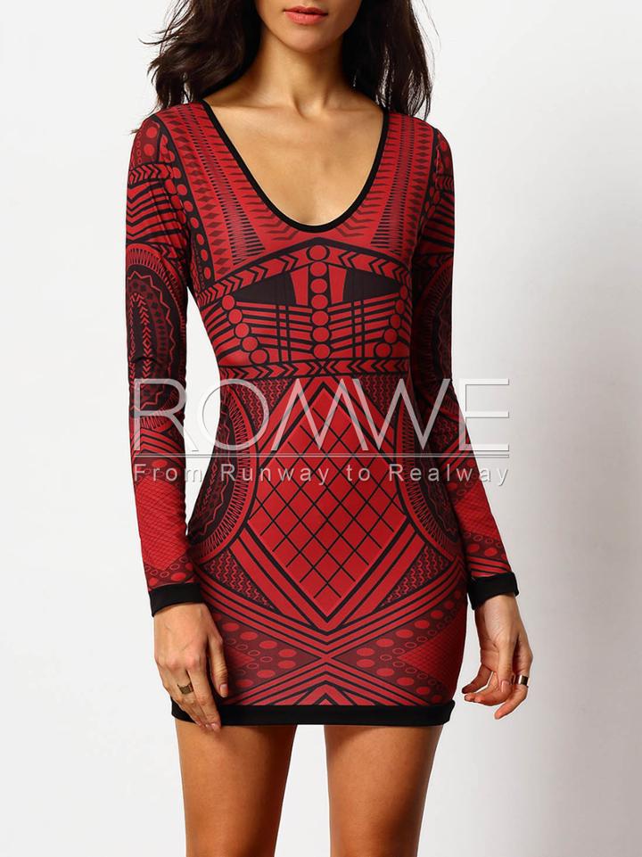 Romwe Red Scoop Neck Geometric Print Bodycon Dress