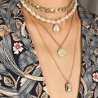 Romwe Coin Pendant Faux Pearl & Chain Layered Necklace 1pc