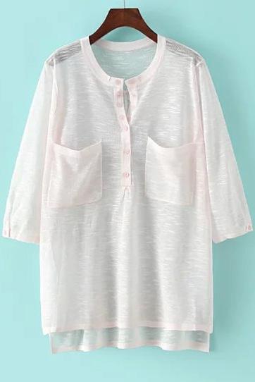 Romwe With Pockets Dip Hem Pink Sweater