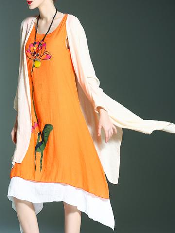 Romwe Orange Flowers Print Two-piece Dress