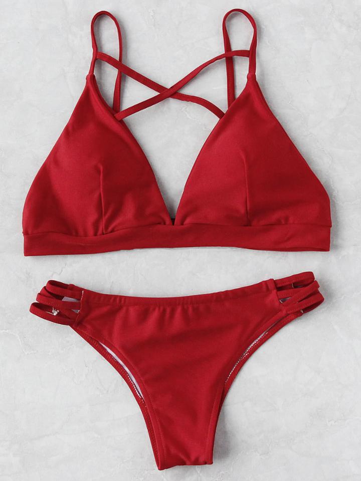 Romwe Cross Strap Triangle Bikini Set