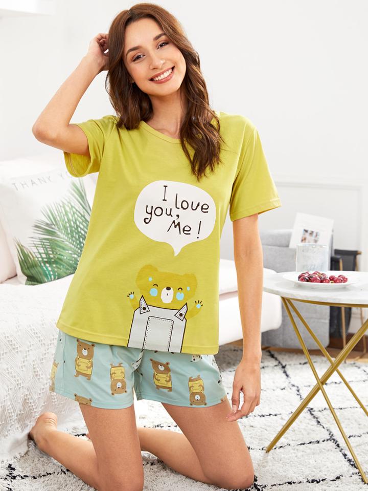 Romwe Bear Print Tee & Shorts Pj Set