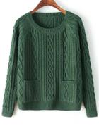 Romwe Cable Knit Pockets Green Sweater