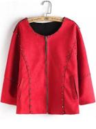 Romwe Round Neck Rivets Zipper Suede Red Coat