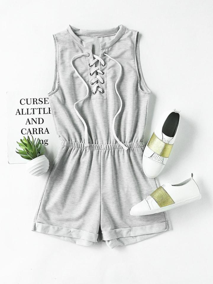 Romwe Eyelet Lace Up Elastic Waist Cuffed Romper