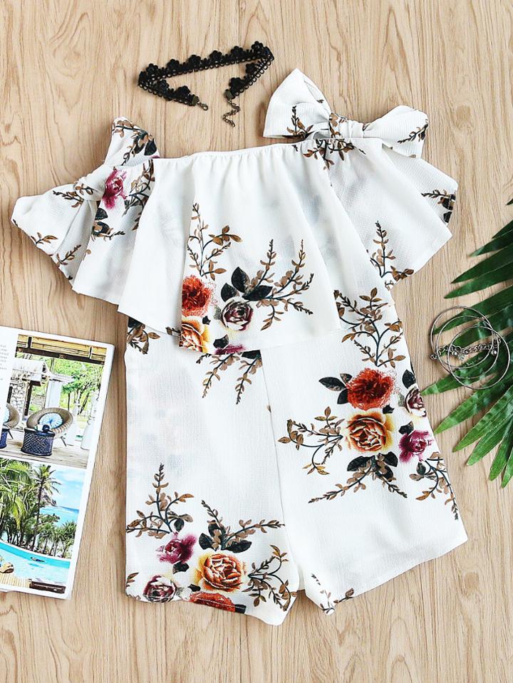 Romwe Flounce Layered Neckline Bow Floral Print Romper