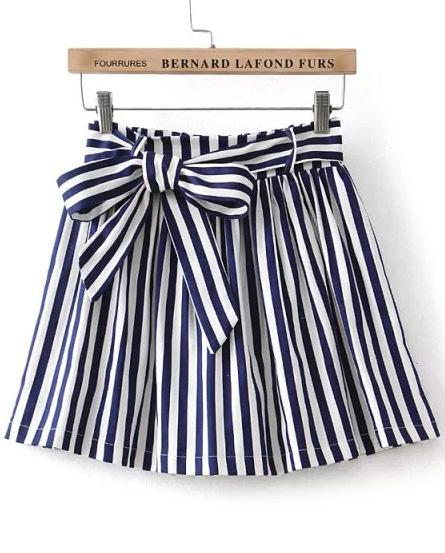 Romwe Blue Bow Striped Skirt