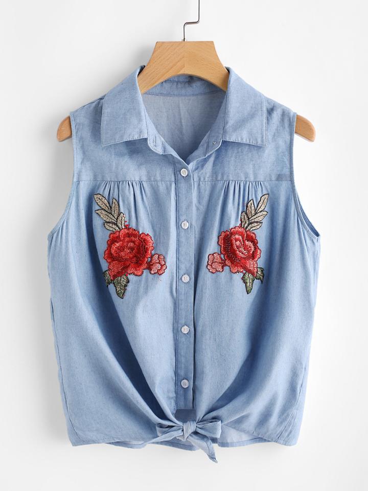 Romwe Symmetric Rose Patch Tie Front Shirt