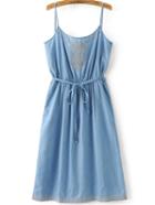 Romwe Blue Embroidery Cami Dress With Self Tie