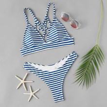 Romwe Random Striped Criss Cross Top With High Leg Bikini