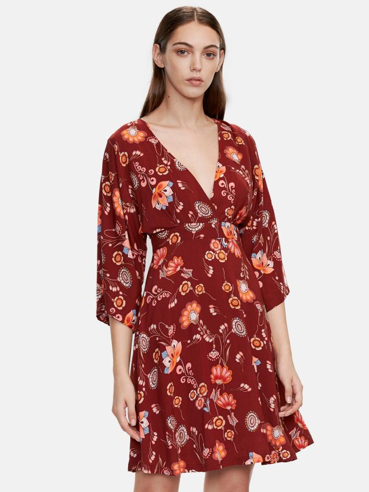 Romwe Burgundy V Cut Out Back Zipper Detail Dress