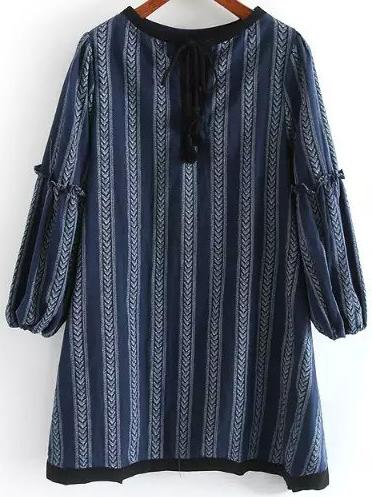 Romwe Wheat Print Lace Up Blue Trapeze Dress