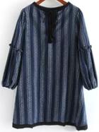 Romwe Wheat Print Lace Up Blue Trapeze Dress