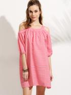 Romwe Red Checkerboard Cold Shoulder Lantern Sleeve Dress