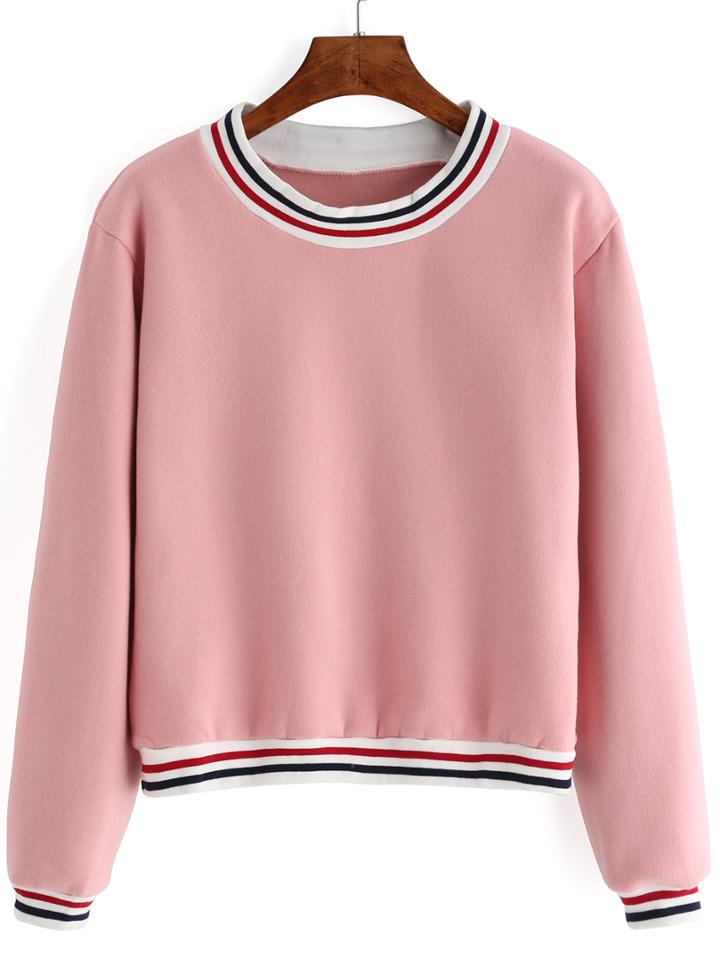 Romwe Striped Thicken Pink Sweatshirt