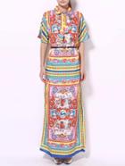 Romwe Multicolor Tie Neck Belted Tribal Print Maxi Dress