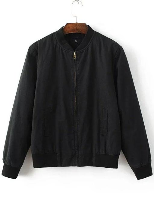 Romwe Black Zipper Padded Baseball Jacket