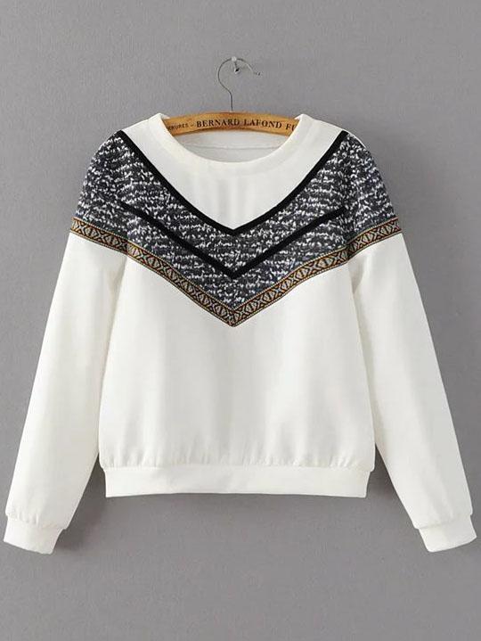 Romwe White Crew Neck Chevron Print Sweatshirt