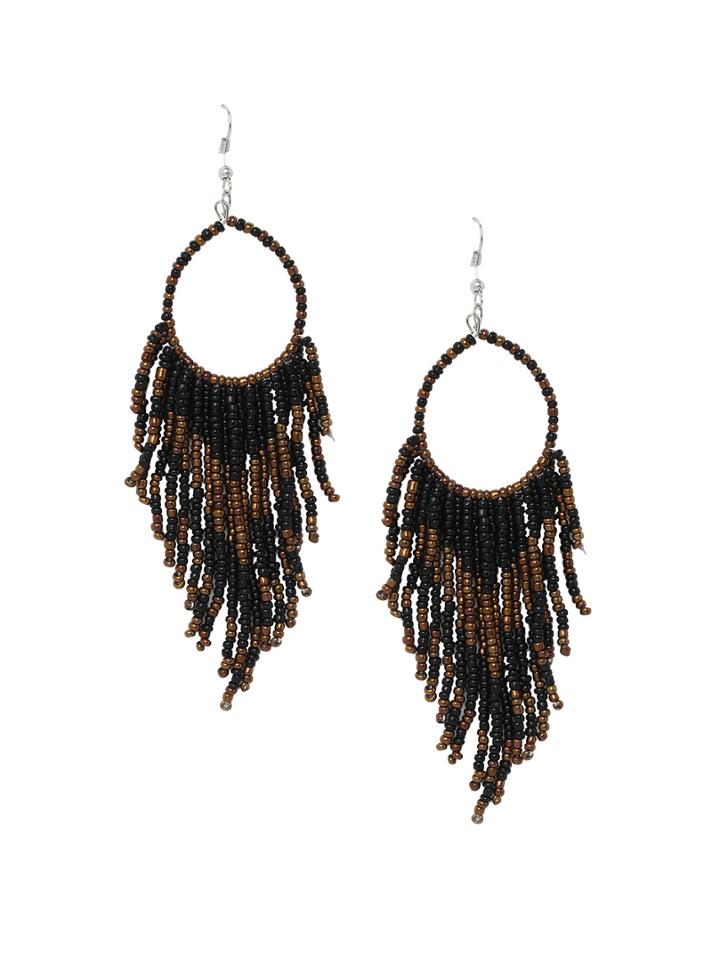 Romwe Beaded Fringe Drop Earrings - Black