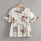 Romwe Plus Knot Cuff Frill Floral Print Blouse