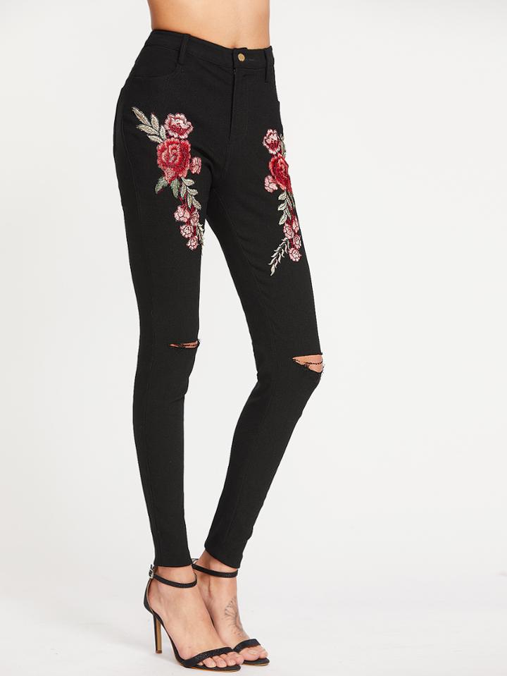Romwe Rose Applique Knee Ripped Skinny Pants