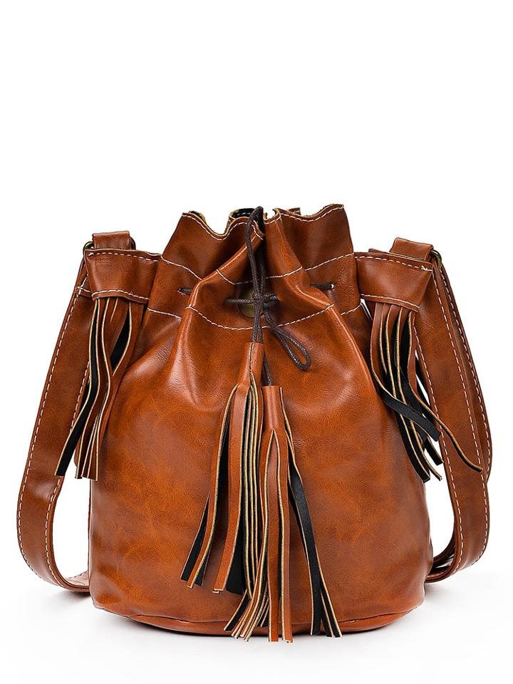 Romwe Fringe Eyelet Bag With Drawstring