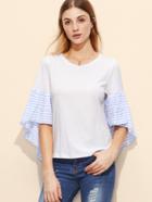 Romwe White Striped Asymmetric Bell Sleeve Top