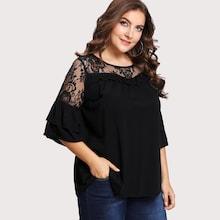 Romwe Plus Floral Lace Yoke Solid Tee