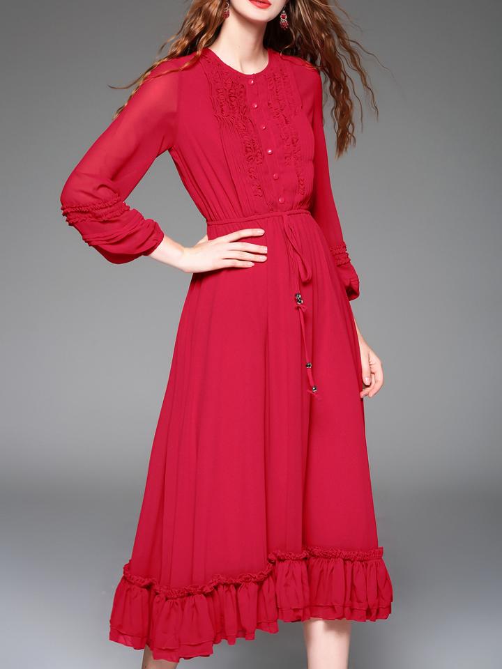 Romwe Red Pleated Drawstring A-line Dress