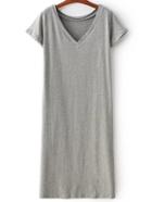 Romwe Grey V Neck Plain Asymmetric T-shirt