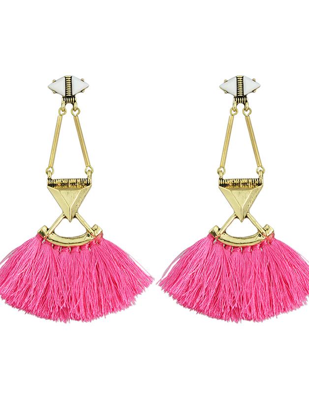 Romwe Hotpink Tassel Chain Long Drop Earrings