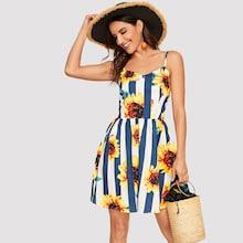 Romwe Sunflower & Stripe Print Cami Dress