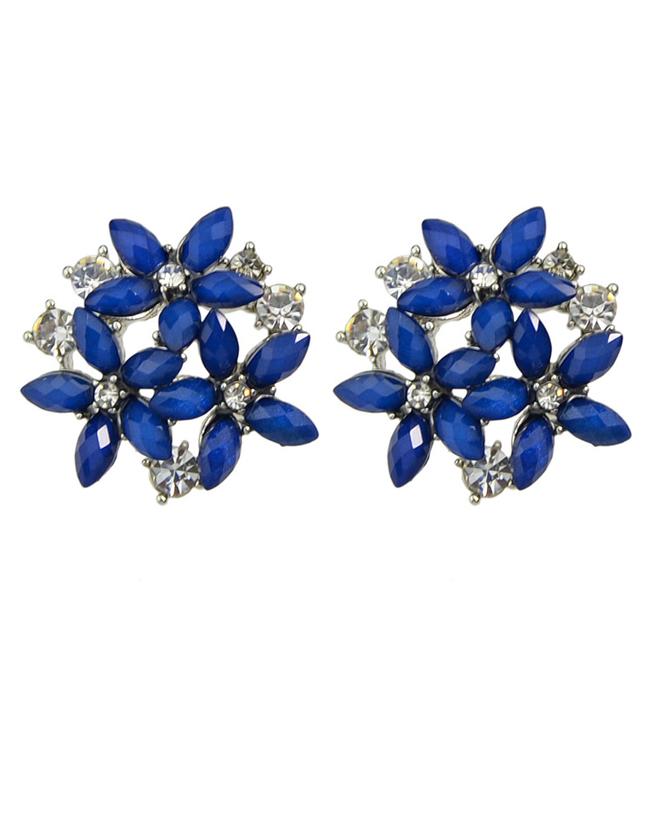 Romwe Blue Rhinestone Flower Earrings