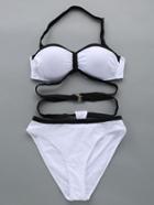 Romwe White Halter Contrast Trim Strappy Bikini Set