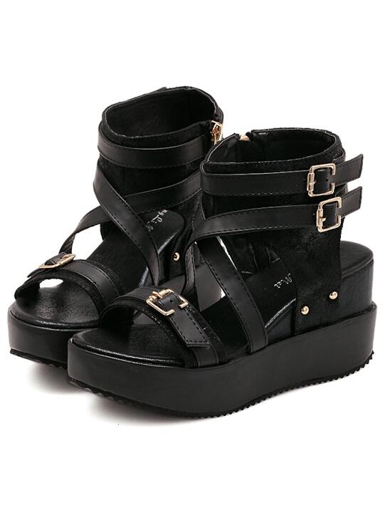 Romwe Black Buckle Strap Hidden Platform Sandals