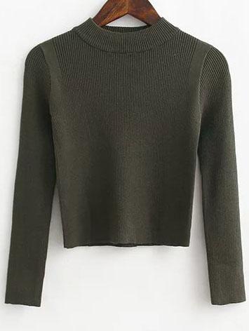 Romwe Army Green Crew Neck Crop Knitwear