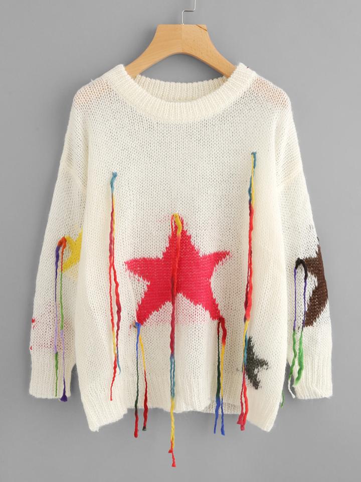 Romwe Fringe Detail Loose Knit Star Jumper
