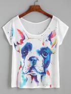 Romwe White Bulldog Print Cap Sleeve T-shirt