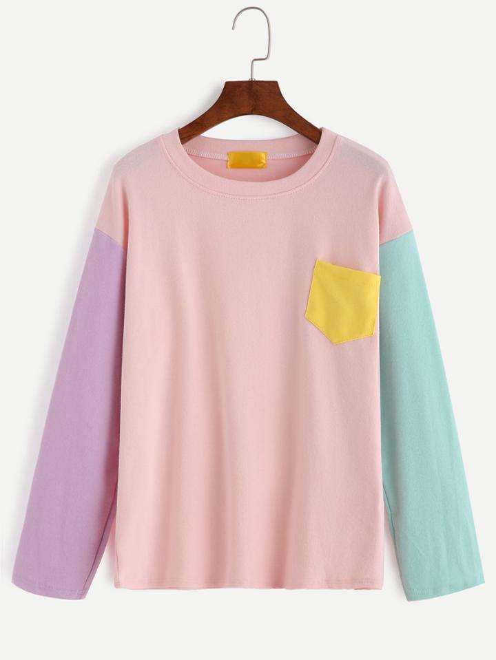 Romwe Color Block Drop Shoulder Patch Pocket T-shirt