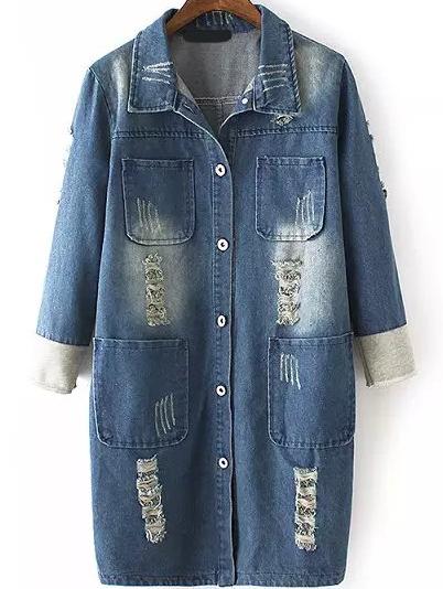 Romwe Bleached Ripped Pockets Denim Coat