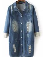 Romwe Bleached Ripped Pockets Denim Coat